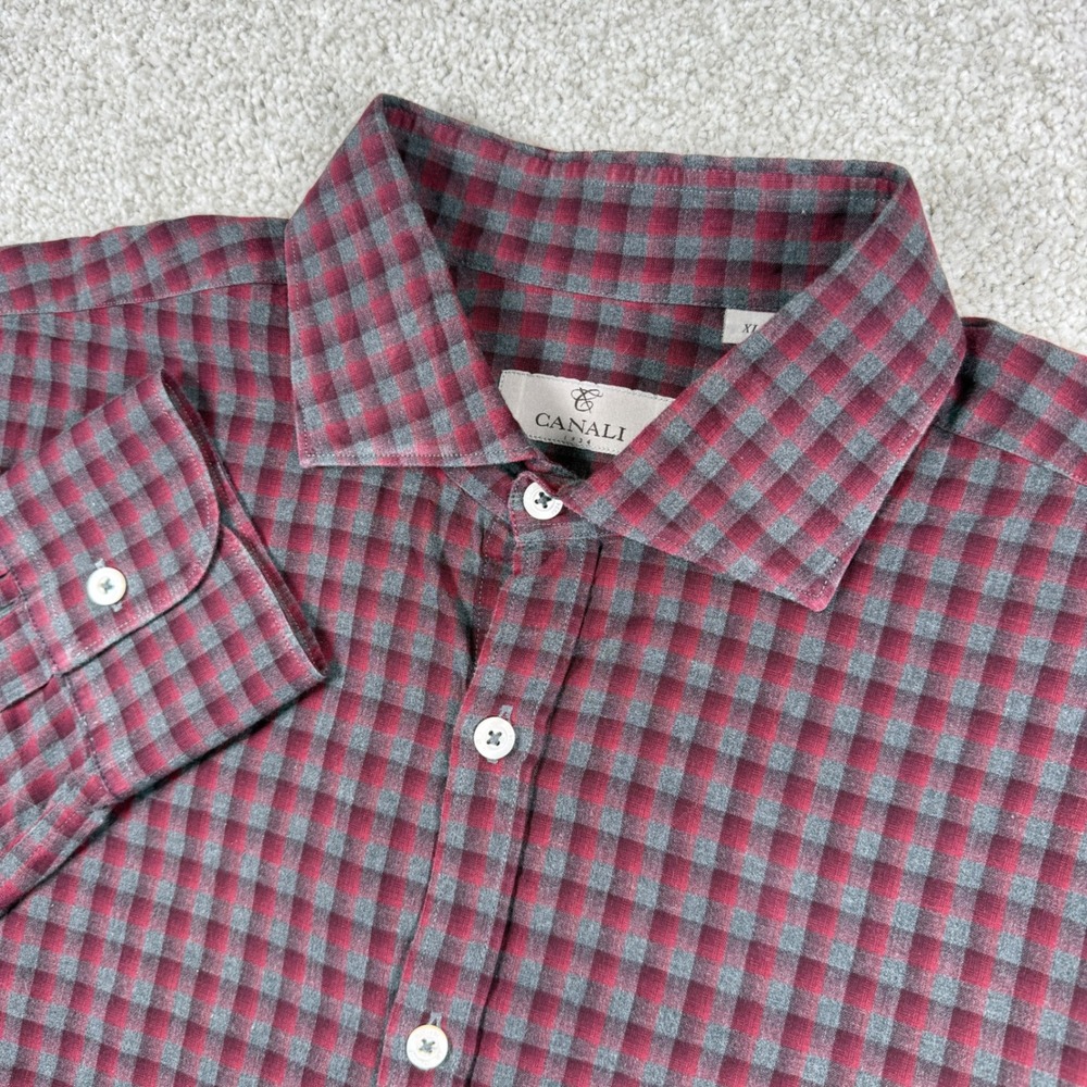 Canali Button Down Shirt Mens XL Red Grey Gingham Check Cotton Long Sleeve